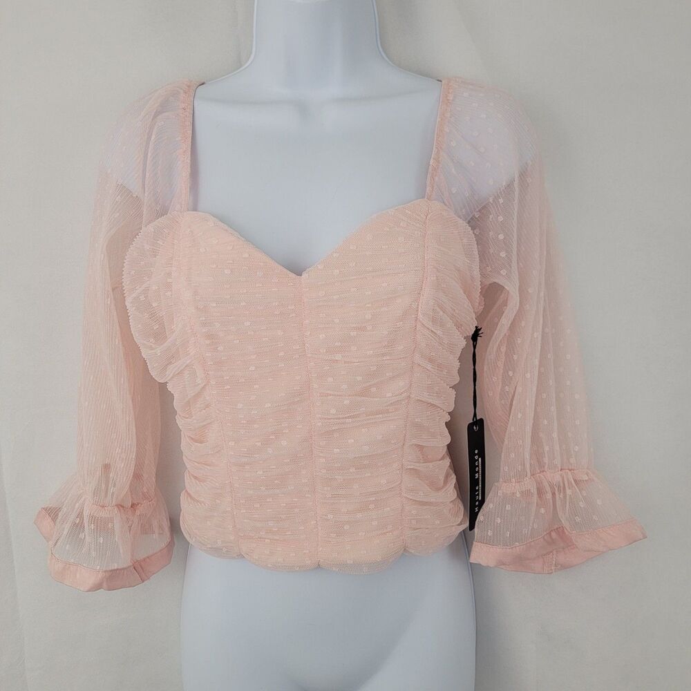 HAUTE MONDE Womens Crop Top Sz SMALL Sheer Coquette Soft Girl Romantic Dots Pink